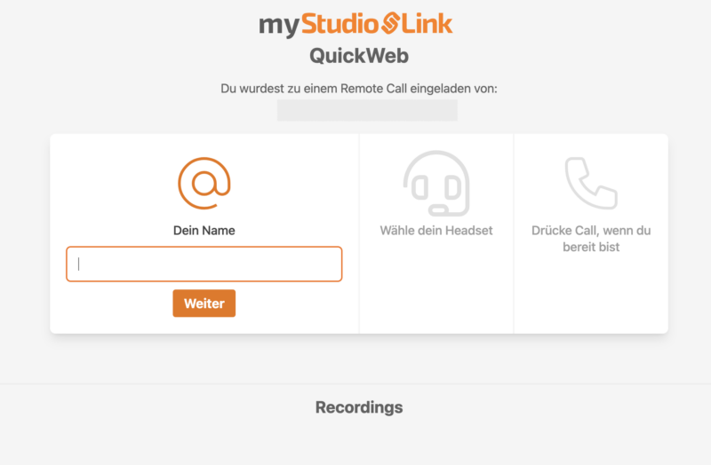 Studiolink Startseite: Name eingeben, Soundcheck durchführen und aufnehmen. (Screenshot: Valerie Wagner)